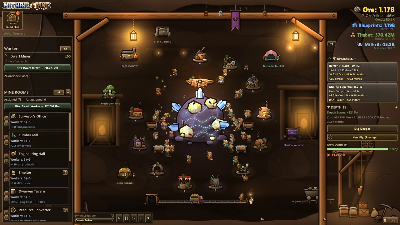 A busy hold at depth 18: sixty miners around the glowing ore vein, every room staffed, mine carts and trade embassies.