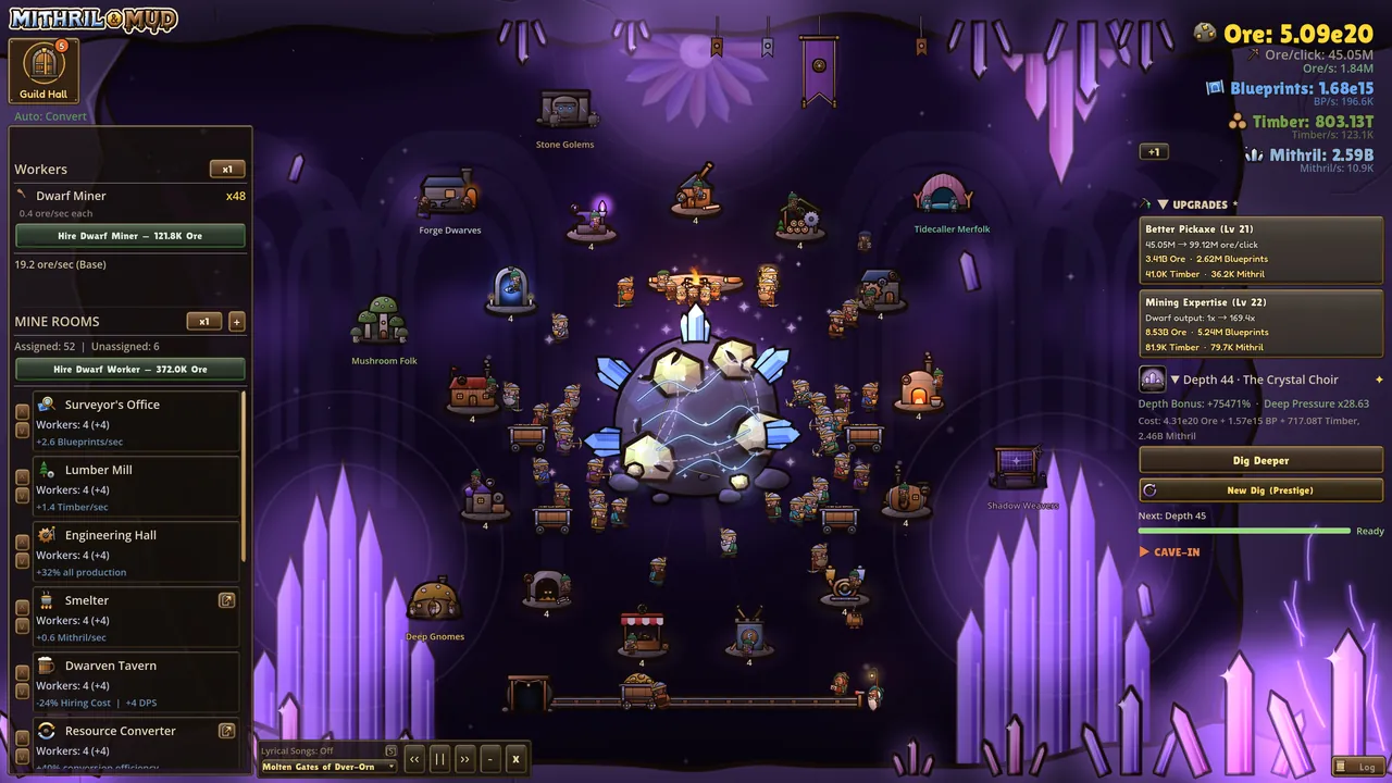 Depth 44 in the Crystal Choir: purple crystal spires around the ore vein and the rooms of the hold.