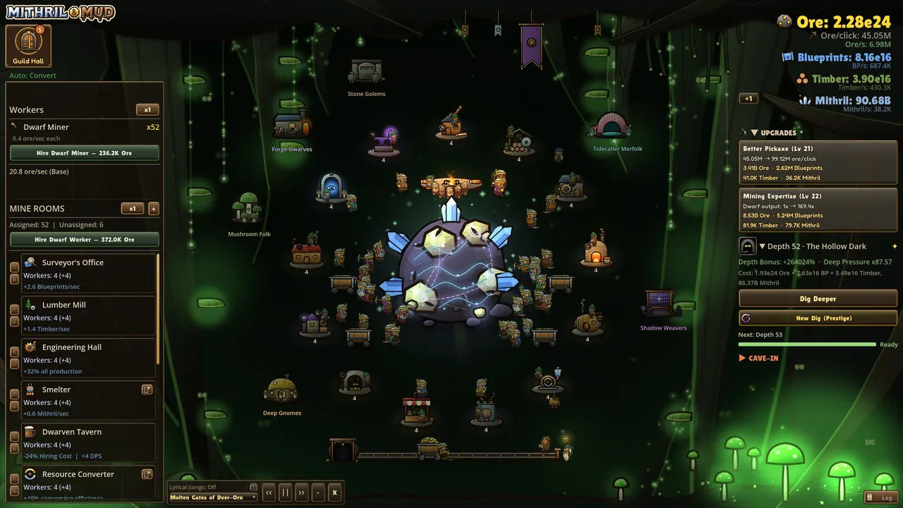 Depth 52 in the Hollow Dark, lit only by glowing mushrooms and the ore vein.
