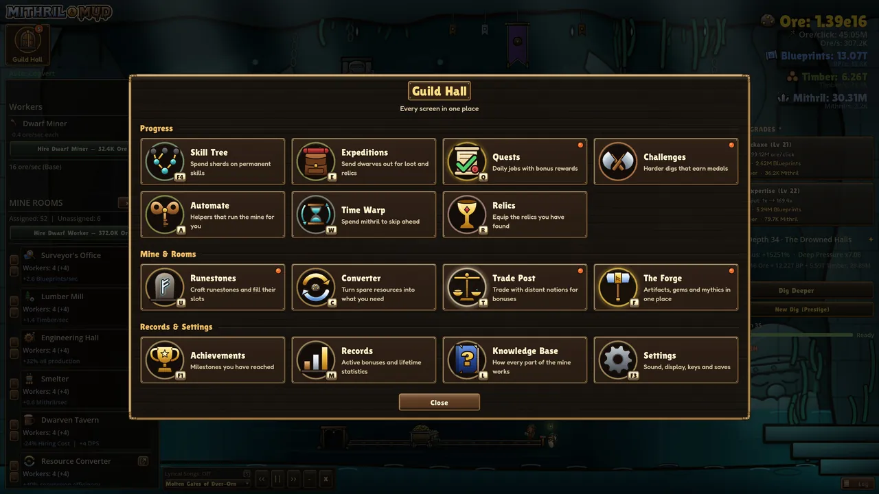 The Guild Hall: one screen that gathers every panel of the hold, with the Drowned Halls behind it.