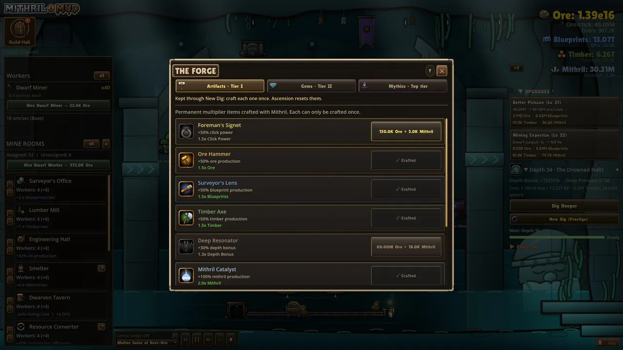 The Forge screen: artifacts, gems and mythic upgrades in one place.