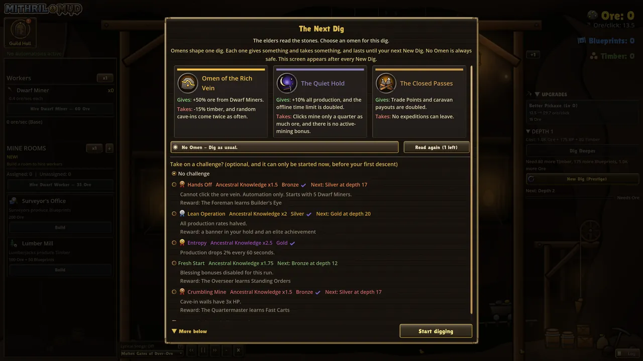 The Next Dig screen: three omens to choose from and the optional challenges.