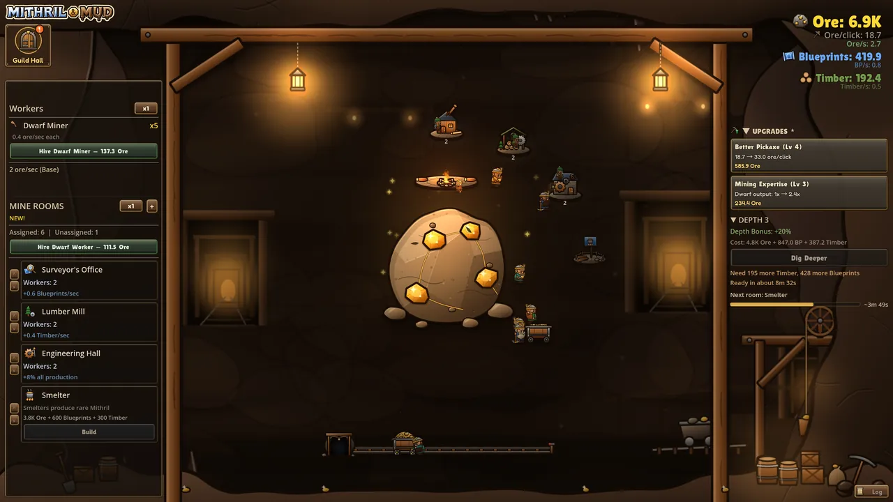 How it starts: depth 3, five miners and the first three rooms around the ore vein.