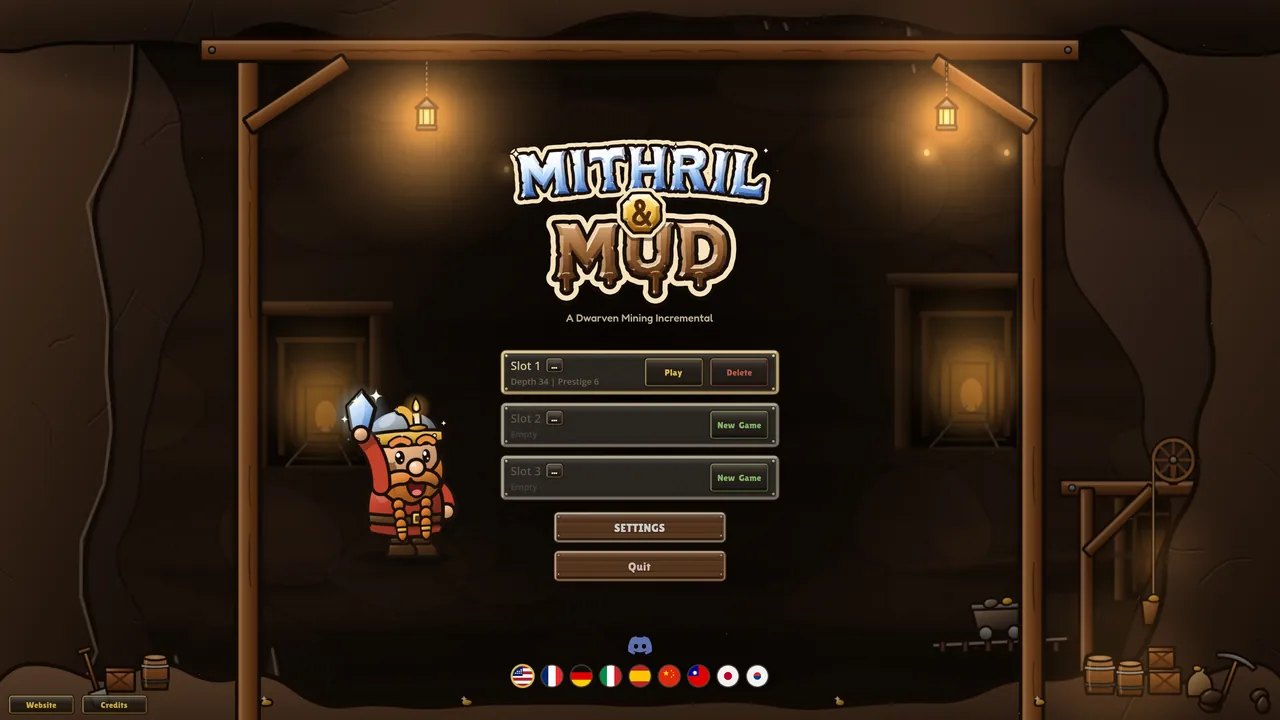 The title screen with Pip Mudbeard holding up a mithril nugget beside the logo.